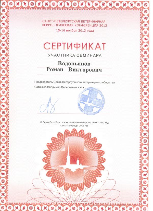 Сертификат Семинар Санкт-Петербургская ветеринарная неврологическая конференция 2013